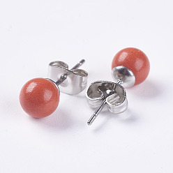 Tomato Natural Dyed Jade Ball Stud Earrings, with 304 Stainless Steel Findings, Tomato, 16.5x6mm, Pin: about 0.6mm
