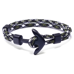 Dark Green Polyester Cord Multi-strand Bracelets, with Alloy Anchor Clasps, Gunmetal, Dark Green, 21cm