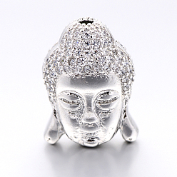 Platinum CZ Brass Micro Pave Grade AAA Cubic Zirconia 3D Buddha Head Beads, Lead Free & Nickel Free & Cadmium Free, Real Platinum Plated, 15x11x8mm, Hole: 1.5mm
