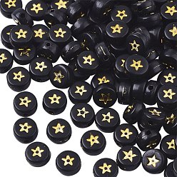 Golden Plated Opaque Acrylic Beads, Flat Round with Star, Black, Golden Plated, 7x4mm, Hole: 1.5mm, about 720pcs/100g