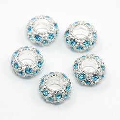 Aquamarine Alloy Rhinestone European Beads, Large Hole Beads, Rondelle, Silver Color Plated, Aquamarine, 11x6mm, Hole: 5mm