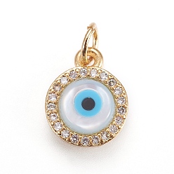 Golden Brass Micro Pave Cubic Zirconia Charms, with Lampwork, Flat Round with Evil Eye, Golden, 11.5x9x3mm, Hole: 3mm