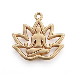 Matte Gold Color Tibetan Style Alloy Yoga Theme Pendants, Lotus with Human, Lead Free & Nickel Free & Cadmium Free, Real 18K Gold Plated, Matte Gold Color, 16.5x18x1.5mm, Hole: 1mm