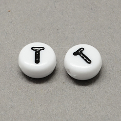 Letter T White and Black Acrylic Horizontal Hole Letter Beads, Flat Round with Letter.T, 7x4mm, Hole: 1.3mm, about 3600pcs/500g