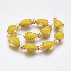 Yellow Opaque Glass Beads Strands, Faceted, with Golden Tone Brass Edge, Teardrop & Round, Yellow, 18x12.5~13x7~7.5mm, Hole: 1mm, about 10pcs/strand, 9 inch(23cm)