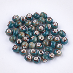 Cadet Blue Handmade Porcelain Beads, Fancy Antique Glazed Porcelain, Round, Cadet Blue, 6~7x5.5~6mm, Hole: 2~2.5mm