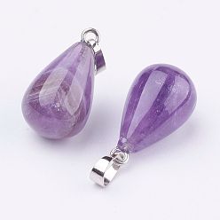 Amethyst Natural Amethyst Pendants, with Platinum Tone Brass Findings, Drop, 24~24.5x14mm, Hole: 5x7mm