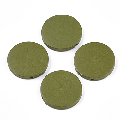 Olive Painted Natural Wood Beads, Flat Round, Olive, 30x5~5.5mm, Hole: 2mm