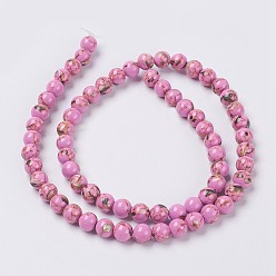 Flamingo Sea Shell and Synthetic Turquoise Assembled Beads Strands, Round, Flamingo, 6mm, Hole: 1.2mm, about 65pcs/strand, 15.7 inch(40cm)