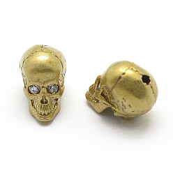 Raw(Unplated) Brass Beads, Nickel Free, with Cubic Zirconia, Skull, Raw(Unplated), 11.5x8.5x11mm, Hole: 2mm