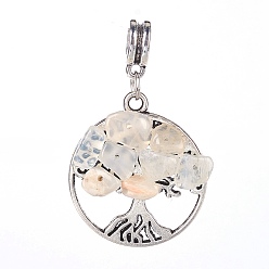 White Moonstone Natural White Moonstone European Dangle Charms, with Tibetan Style Alloy Pendants and Hangers, Iron Jump Rings, Flat Round with Tree, 41mm, Hole: 5mm