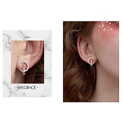 Rose Gold SHEGRACE Unique Design 925 Sterling Silver Stud Earrings, Half Hoop Earrings, with Kitten and Moon, Rose Gold, 18.14x13mm