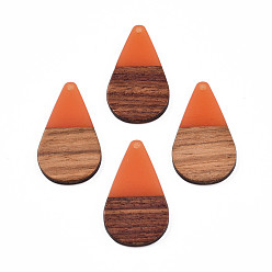 Coral Transparent Resin & Walnut Wood Pendants, Teardrop Shape Charm, Coral, 38x22x3mm, Hole: 2mm