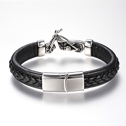Noir Tressés bracelets cordon en cuir pour hommes, avec 304 accessoires en acier inoxydable et les fermoirs magnétiques, moto, noir, 8-5/8 pouces (220 mm)