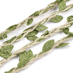 Olive Terne Ruban de garniture de feuille de polyester, avec de la ficelle de chanvre, pour la décoration de fête de mariage, vert olive, 5~6x2~2.5 mm, sur 100 m / bundle