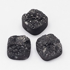 Black Plated Electroplated Natural Druzy Quartz Crystal Beads, Square, Black Plated, 14~15x14~15x8~9mm, Hole: 1.5mm