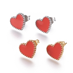 Mixed Color 304 Stainless Steel Stud Earrings, with Enamel and Ear Nuts, Heart, Red, Mixed Color, 9.5x10.5x1.5mm, Pin: 0.6mm, 6pairs/card