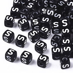Letter S Opaque Acrylic Beads, Horizontal Hole, Alphabet Style, Cube, Black & White, Letter.S, 5x5x5mm, Hole: 2mm, about 5000pcs/500g