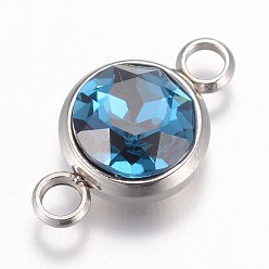 Blue Zircon K9 Glass Links connectors, Faceted, with 304 Stainless Steel Findings, Flat Round, Stainless Steel Color, Blue Zircon, 17.5x10x6.5mm, Hole: 2.5mm