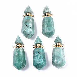 Amazonite Faceted Natural Amazonite Pendants, Openable Perfume Bottle, with Golden Tone Brass Findings, Hexagon, 40~41.5x15x13.5mm, Hole: 1.8mm, Bottle Capacity: 1ml(0.034 fl. oz)