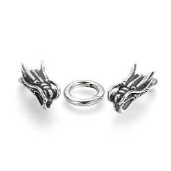 Antique Silver 304 Stainless Steel Spring Gate Rings, O Rings, with Two Cord End Caps, Dragon Head, Antique Silver, 70x12x14mm