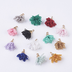 Mixed Color Cloth Flower Pendants Decoration, with Golden Tone Iron Findings, Mixed Color, 17~18x15~19mm, Hole: 1x3mm