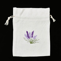 Linen Cotton Canvas Drawstring Gift Bags, with Flowers Pattern Embroider, for Jewelry & Baby Showers Packaging Wedding Favor Bag, Linen, 17~18x12~13x0.3cm