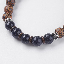 Blue Goldstone Natural Lava Rock & Wenge Wood Beads & Coconut Stretch Bracelets, with 
Synthetic Blue Goldstone and Alloy Findings, 2 inch(5~5.2cm)
