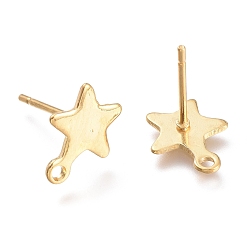 Real 24K Gold Plated 304 Stainless Steel Stud Earring Findings, Star, Real 24k Gold Plated, 10x8x0.8mm, Hole: 1.4mm, Pin: 0.8mm