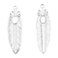 Stainless Steel Color 201 Stainless Steel Pendant Settings for Enamel, Feather, Stainless Steel Color, Tray: 4x6mm, 46.5x13x2mm, Hole: 2.5mm