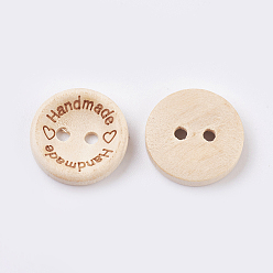 Blanched Almond Wooden Buttons, 2-Hole, with Word, Flat Round with Word Handmade, Blanched Almond, 15x3~3.5mm, Hole: 2mm