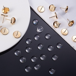 Golden DIY Earring Making, 304 Stainless Steel Stud Earring Settings and Clear Glass Cabochons, Half Round, Golden, Earring Settings: Tray: 10mm, 12x2mm, Pin: 0.8mm, 20pcs/box,
 Cabochons: 9.5~10x3.5mm, 20pcs/box