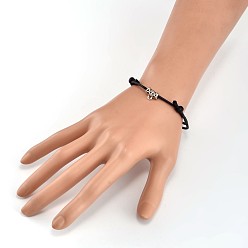 Black Adjustable Waxed Cotton Cord Bracelets, with Alloy Findings, Antique Silver, Black, 65mm