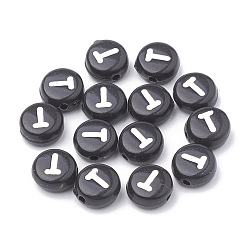 Letter T Opaque Acrylic Beads, Horizontal Hole, Alphabet Style, Flat Round, Letter.T, 7x4mm, Hole: 1.5mm, about 3700pcs/500g