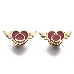Red Alloy Brooches, Enamel Pin, with Brass Butterfly Clutches, Heart with Wing, Light Gold, Brown, 11x24x2mm, Pin: 1mm