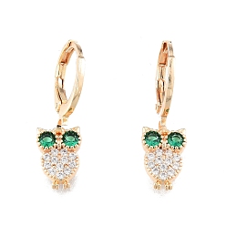Real 18K Gold Plated Green Cubic Zirconia Owl Dangle Leverback Earrings, Brass Jewelry for Women, Cadmium Free & Nickel Free & Lead Free, Real 18K Gold Plated, 24mm, Pin: 1mm