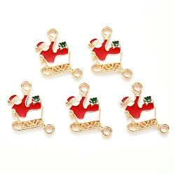 Red Alloy Enamel Links connectors, for Christmas, Father Christmas with Sledge, Light Gold, Red, 21x14.5x1.5mm, Hole: 1.8mm