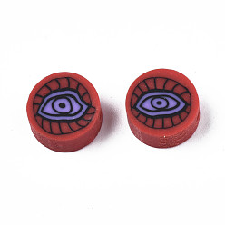 Mixed Color Handmade Polymer Clay Beads,  Flat Round with Eye, Mixed Color, 9~10x4~5mm, Hole: 1.8mm