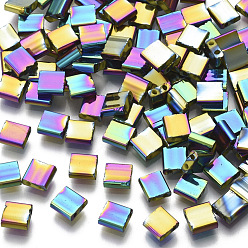 Plaqué Multicolore Plaquent Rocailles, 2-trou, rectangle, multi-couleur plaquée, 5x4.5~5.5x2~2.5mm, Trou: 0.5~0.8mm