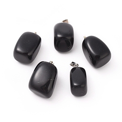 Agate Noire Pendentifs en agate noire naturelles, avec les accessoires en laiton de tonalité de platine, nuggets, 23~30x13~22x12~20mm, Trou: 5x3mm
