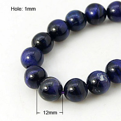 Midnight Blue Natural Blue Tiger Eye Beads Strands, Dyed & Heated, Round, Midnight Blue, 12mm, Hole: 1mm, about 16pcs/strand, 7.8 inch