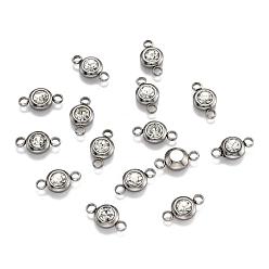 Clear Flat Round 304 Stainless Steel Cubic Zirconia Links, Stainless Steel Color, Clear, 12x6.5x4mm, Hole: 2mm