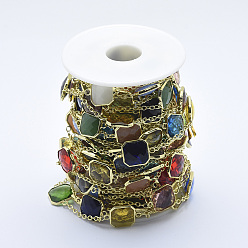 Golden Handmade Glass Beaded Chains, Soldered, with Spool, Brass Findings, Square, Colorful, Golden, 2.5mm, about 16.4 Feet(5m)/roll