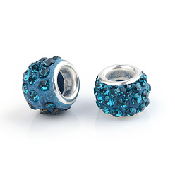 Zircon Bleu Argile polymère strass perles européennes, Perles avec un grand trou   , rondelle, avec noyaux en laiton plaqué couleur argent, zircon bleu, 10~12x7~8mm, Trou: 5mm