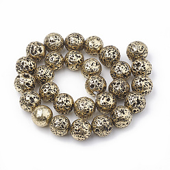 Light Gold Plated Electroplated Natural Lava Rock Beads Strands, Round, Light Gold Plated, 8~9mm, Hole: 1mm, about 46pcs/strand, 14.76 inch