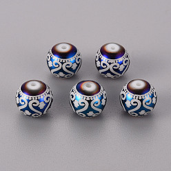 Blue Plated Electroplate Glass Beads, Round with Patten, Blue Plated, 10mm, Hole: 1.2mm