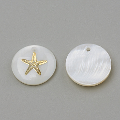 Golden Freshwater Shell Pendants, Flat Round & Starfish/Sea Stars, Golden, 16x3.5~4mm, Hole: 1.2mm