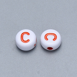 Letter C Craft Acrylic Horizontal Hole Letter Beads, Flat Round, Mixed Color, Letter.C, 7x3.5~4mm, Hole: 1.5mm, about 3600pcs/500g