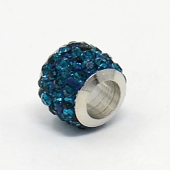 Blue Zircon Brass Pave Polymer Clay Grade A Rhinestone Column European Beads, Blue Zircon, 8.5x7.5mm, Hole: 5mm