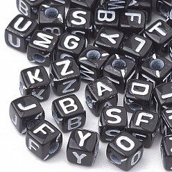 Letter Opaque Horizontal Hole Acrylic Beads, Mixed Letters, Cube, Black & White, Letter, 5x5x5mm, Hole: 2mm, about 5000pcs/500g
